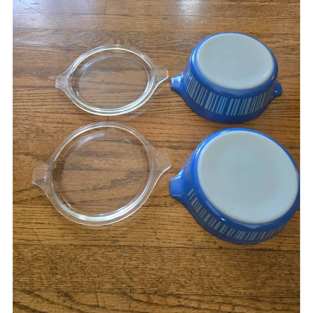 Vintage Pyrex Barcode Blue Stripes 471 & 472 W/ Lids Casserole Dishes